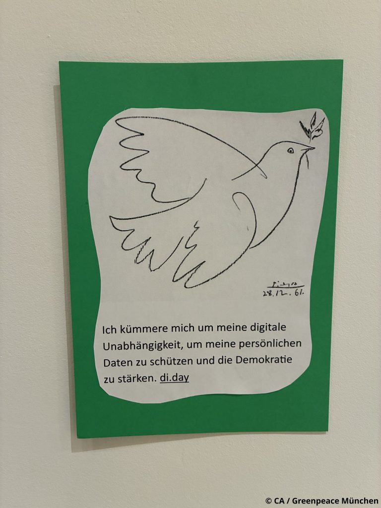 Friedenstaube: Ich kümmere mich um meine digitale Unabhängigkeit, um meine persönlichen Daten zu schützen und die Demokratie zu stärken.