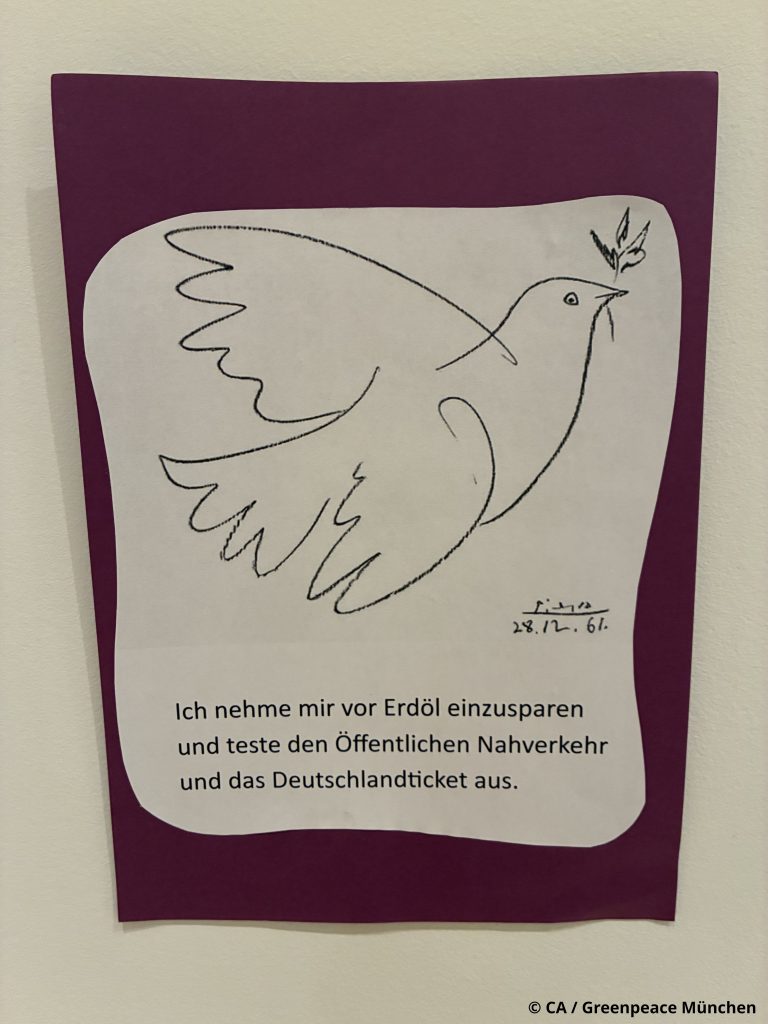 Friedenstaube: Ich nehme mir vor, Erdöl zu sparen und teste den öffentlichen Nahverkehr und das Deutschlandticket aus.
