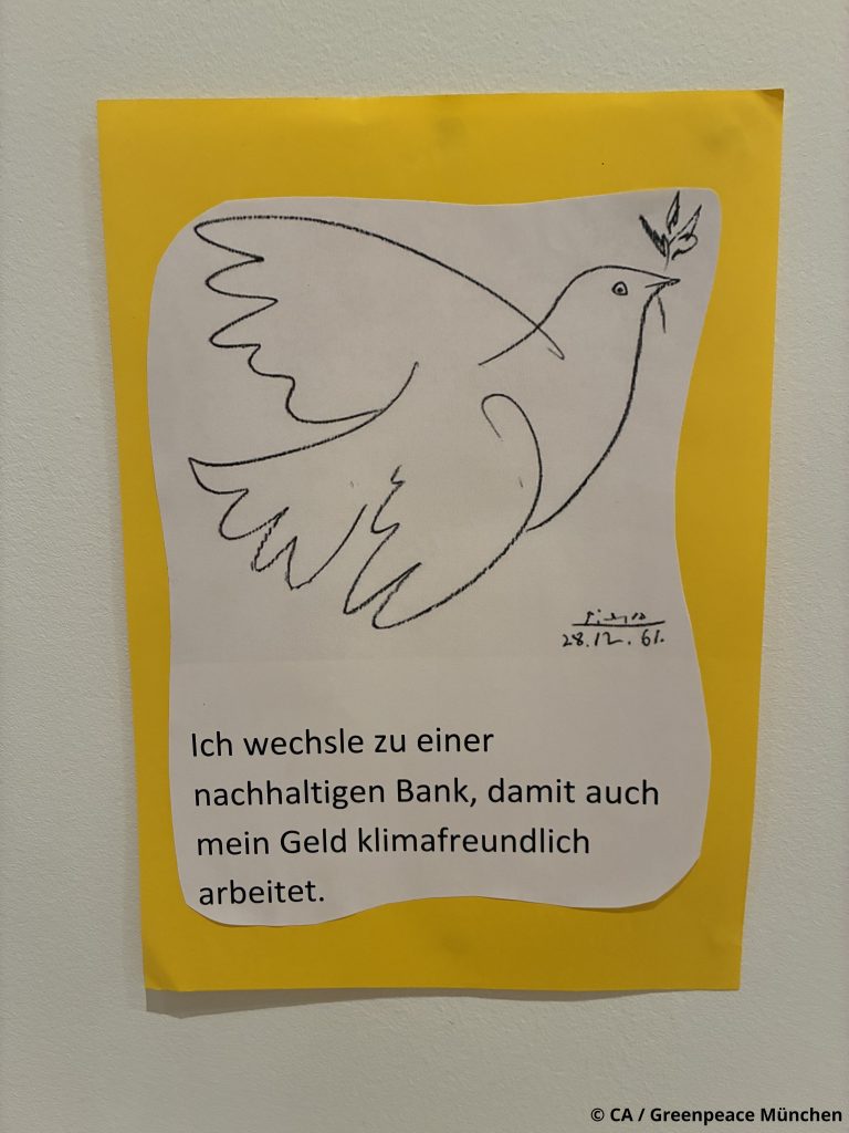 Friedenstaube: Ich wechsle zu einer nachhaltigen Bank, damit auch mein Geld klimafreundlich arbeitet.