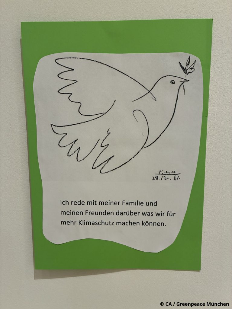 Friedenstaube: Ich rede mit meiner Familie und meinen Freunden darüber, was wir für mehr Klimaschutz machen können.