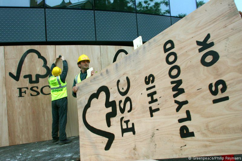 Greenpeace Aktivisten bauen Wand aus FSC-Holz vor EU-Zentrale in Brüssel