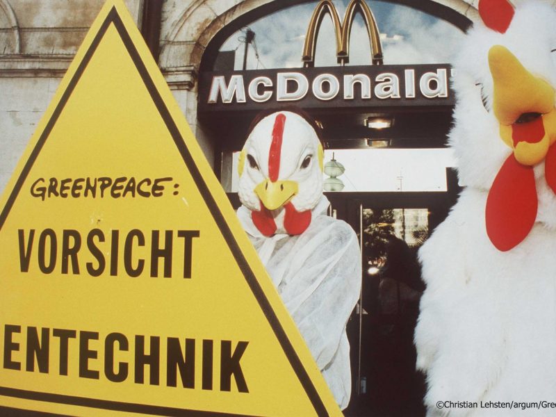 2000/07/19:McDonald«s:Muenchen:Germany/Deutschland - "Los Genos" - Gentechnik-Wochen bei McDonald«s am Karlsplatz in Muenchen. Aktivisten in Huehner-Verkleidung protestieren gegen Gentechnik in Produkten der Imbiss-Kette. Die Haehnchen, die bei McDonald«s«als "Chicken McNuggets" verkauft werden, werden mit genmanipuliertem Tierfutter gefuettert. Auf dem Umweg ueber das Tierfutter gelangt Gentechnik auch in menschliche Nahrung.
"Los Genos" Greenpeace action against chicken products at McDonald«s in Munich, Germany. Chicken for "Chicken McNuggets", are raised with genetic manipulated animal feed.   
©Christian Lehsten/argum/Greenpeace - 0007101 - (×××)