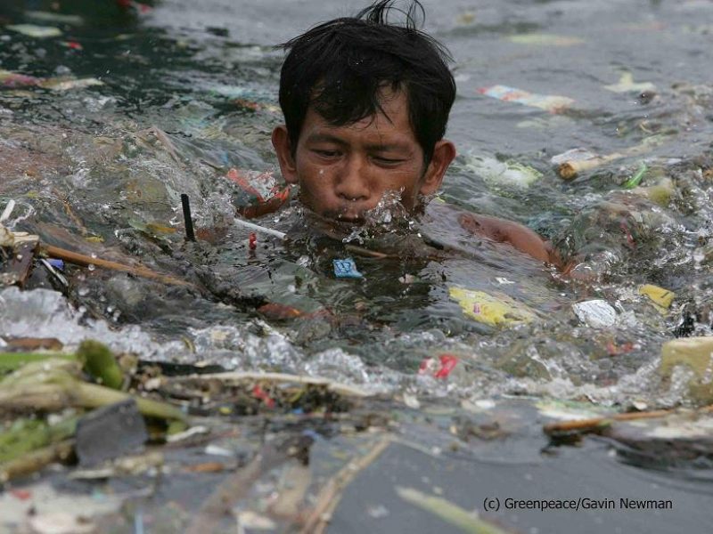 Philippinen: Greenpeace Aktivisten sammeln Plastikmuell und Abfall aus der Bucht von Manila.